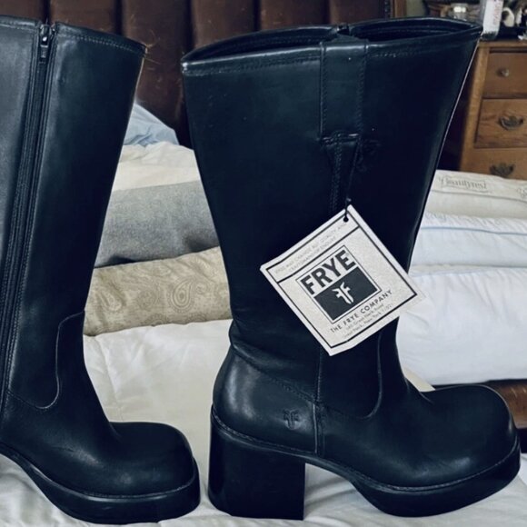 VINTAGE 1980 Frye Dorian Bratz Doll Platform Chunky Black Leather Knee Tall Boot - Picture 1 of 6